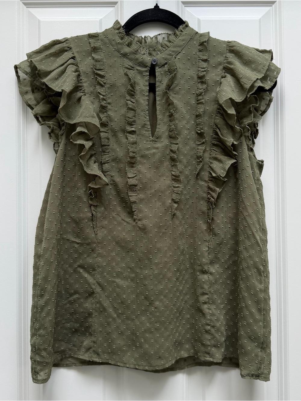 LOFT SHORT RUFFLE CAP SLEEVE SWISS DOT CHIFFON BLOUSE OLIVE GREEN SMALL